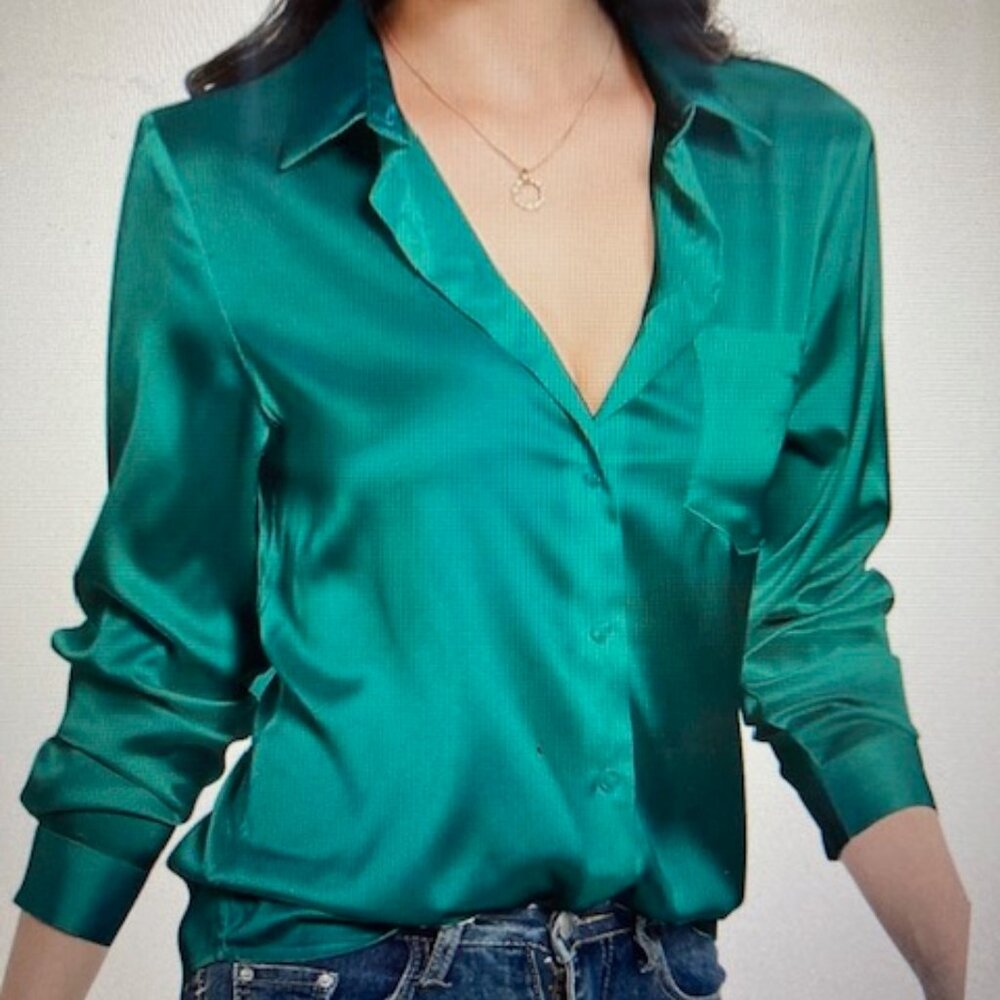 Satin Silk Long Sleeve Button Down Blouse, Size XL